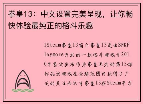 拳皇13：中文设置完美呈现，让你畅快体验最纯正的格斗乐趣